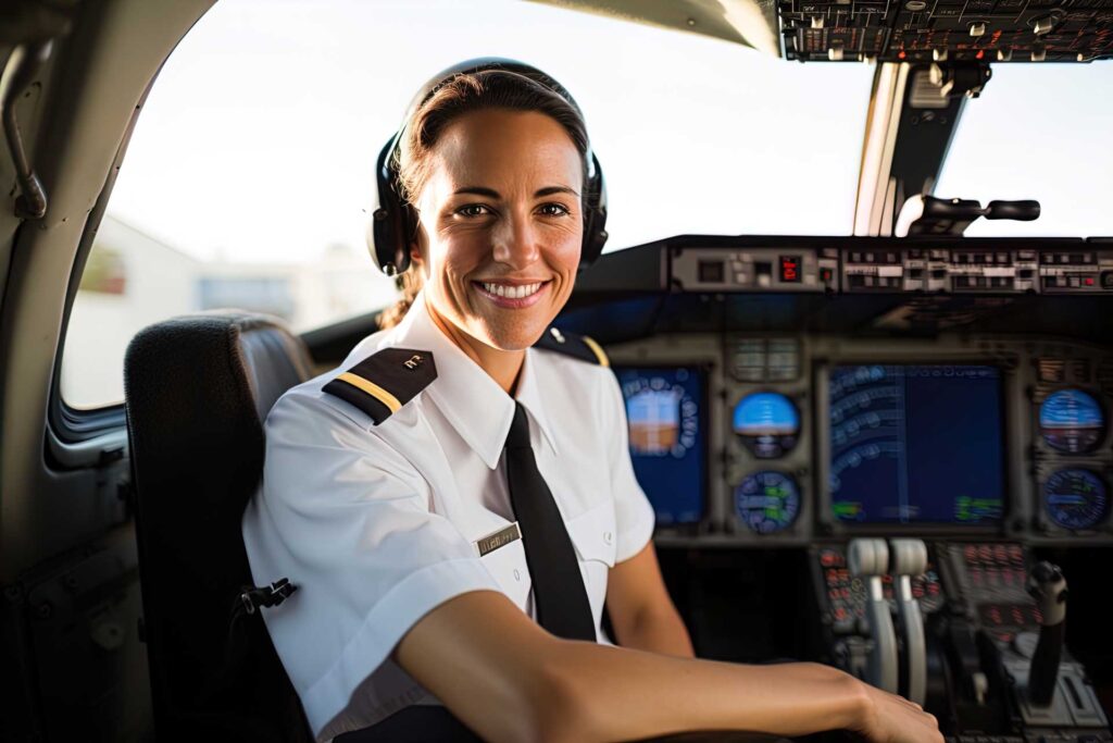 Airline pilot sitting at the controls of an airplane
